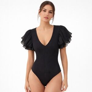 ZARA Black Ribbed Bodysuit Sheer Pleated Ruffle Sleeves V-Neck Stretch Size M